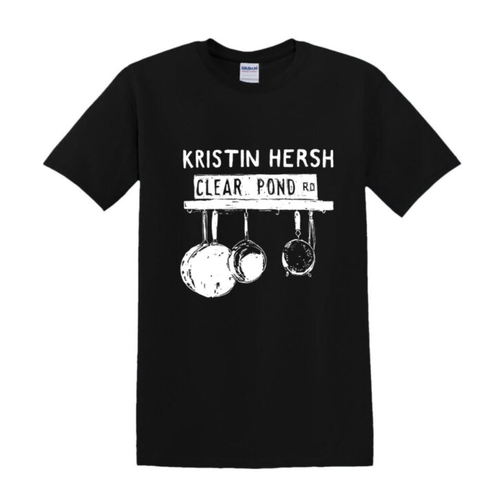 Black t-shirt with white text: Kristin Hersh at the top and a Clear Pond Road sign above hanging pots